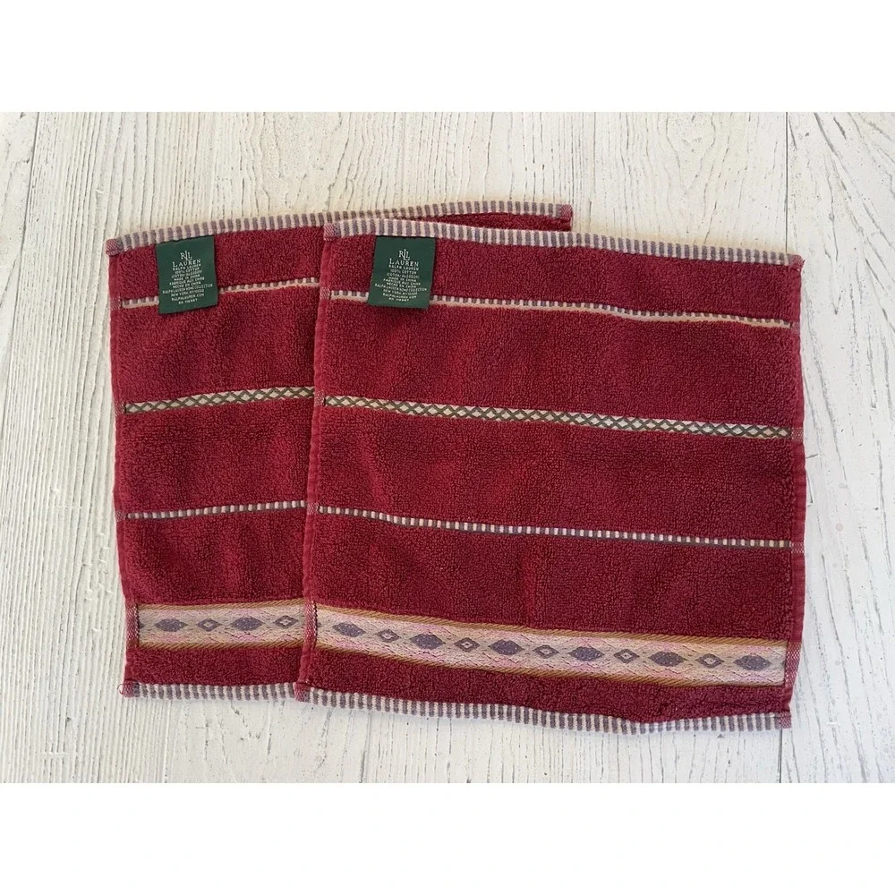 Vtg Ralph Lauren Set‎ of 2 Red Southwest Face Cloth Cotton  Washcloths